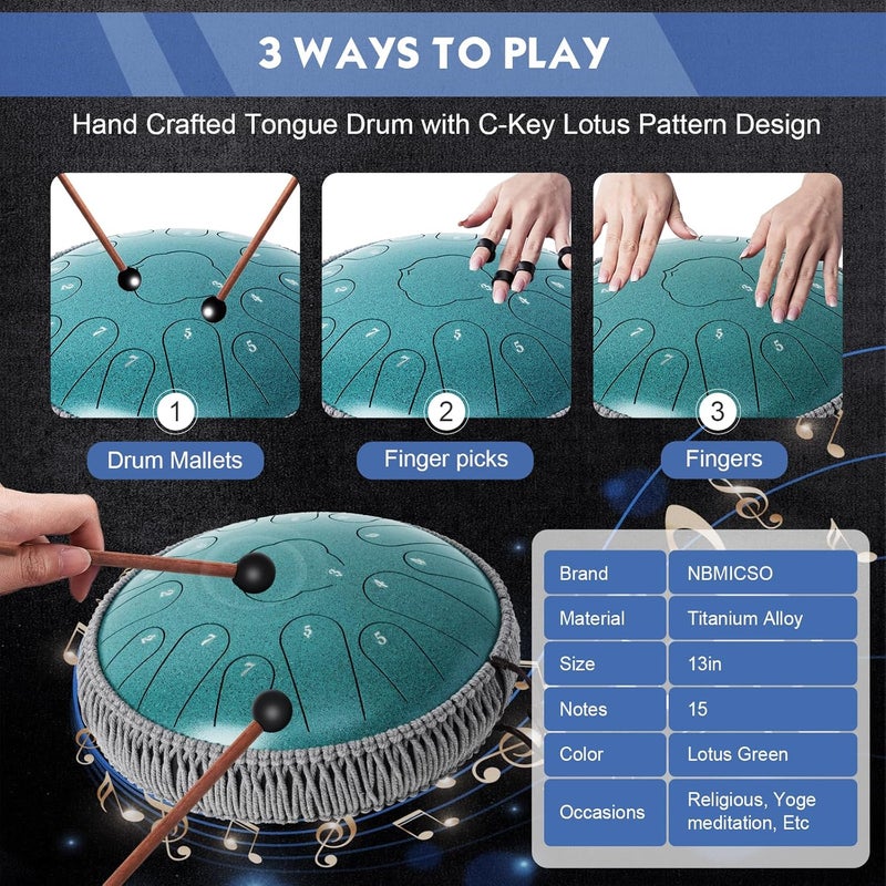 NBMICSO Steel Tongue Drum- 15 Note 13 Inches C-key Rain Drum Sound Healing Instruments - Handpan Drum for Meditation Entertainment Musical Education Concert Mind Healing Yoga (Malachite) - Image 4